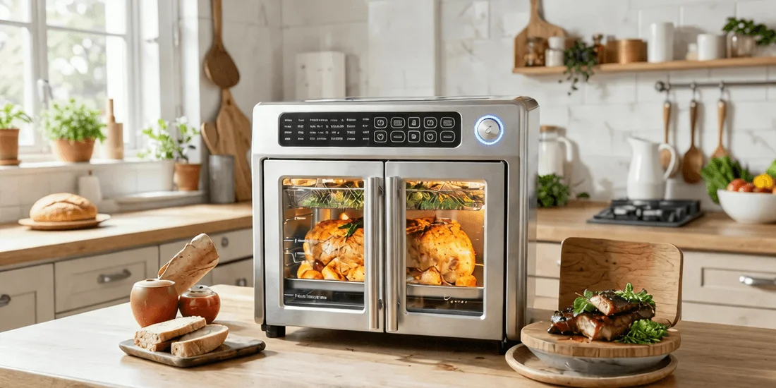 26-quart stainless steel electric oven with touchscreen control and included accessories