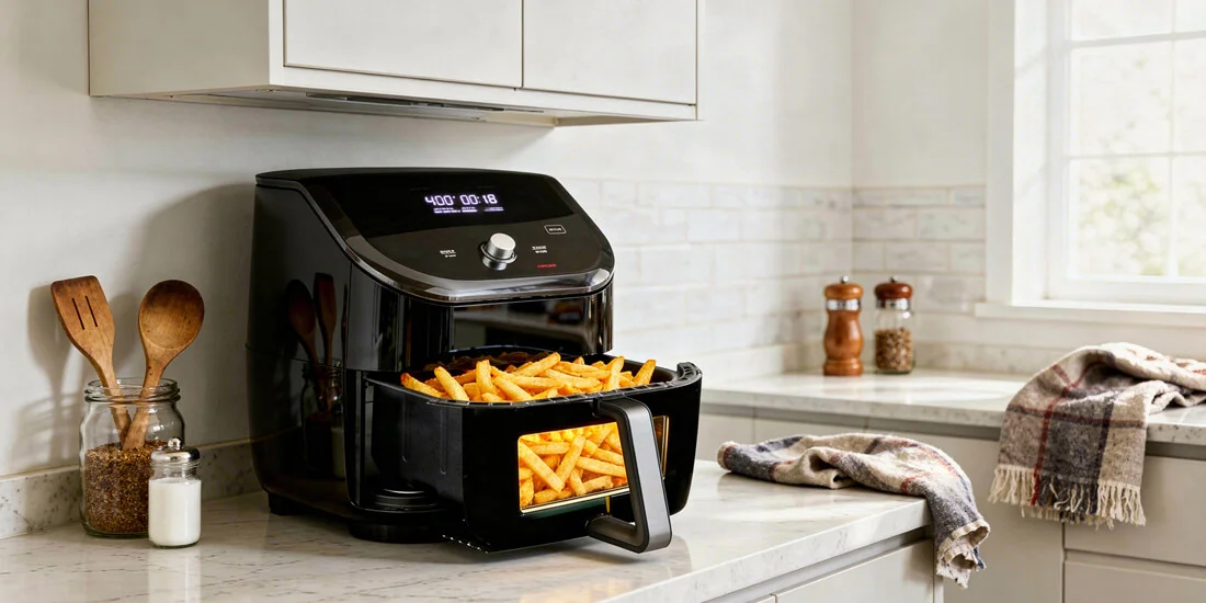 6-quart 6-in-1 air fryer on kitchen countertop with fries inside basket