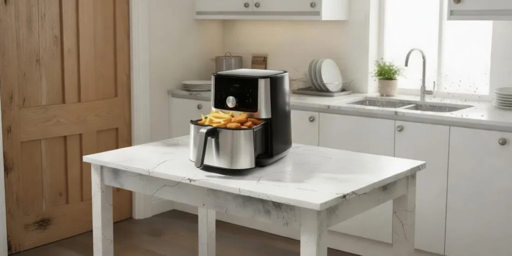 Stainless steel air fryer sitting on a modern kitchen countertop.