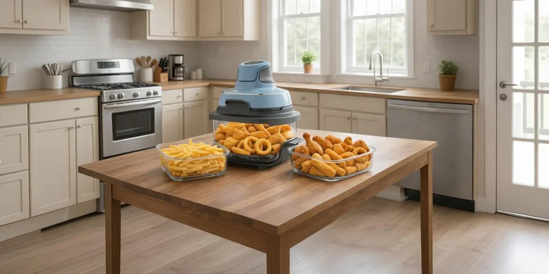 4-in-1 portable glass air fryer system in periwinkle color, displayed with both glass containers, storage lids, and crisper plates on a kitchen counter.