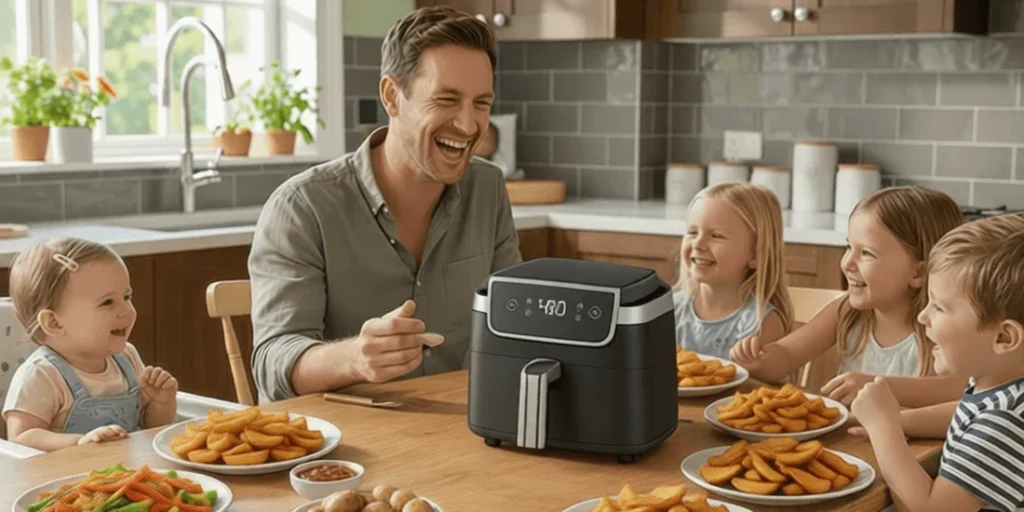 Father enjoying a meal with his children at the dining table.