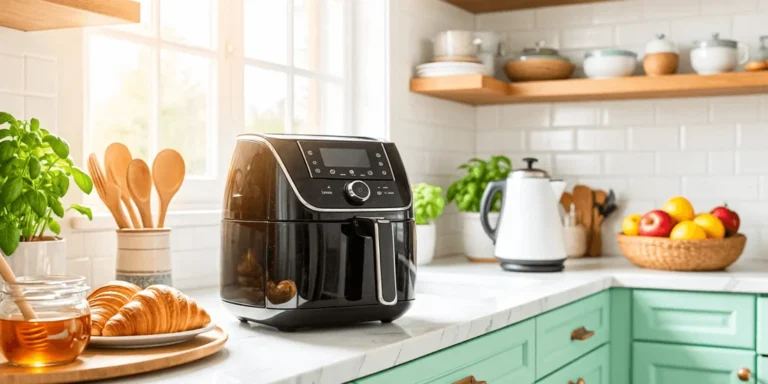 Top 3 Air Fryers for Small Families in USA 2026 Comparison banner showing a modern, cozy kitchen with an air fryer as the centerpiece on a sunny countertop.