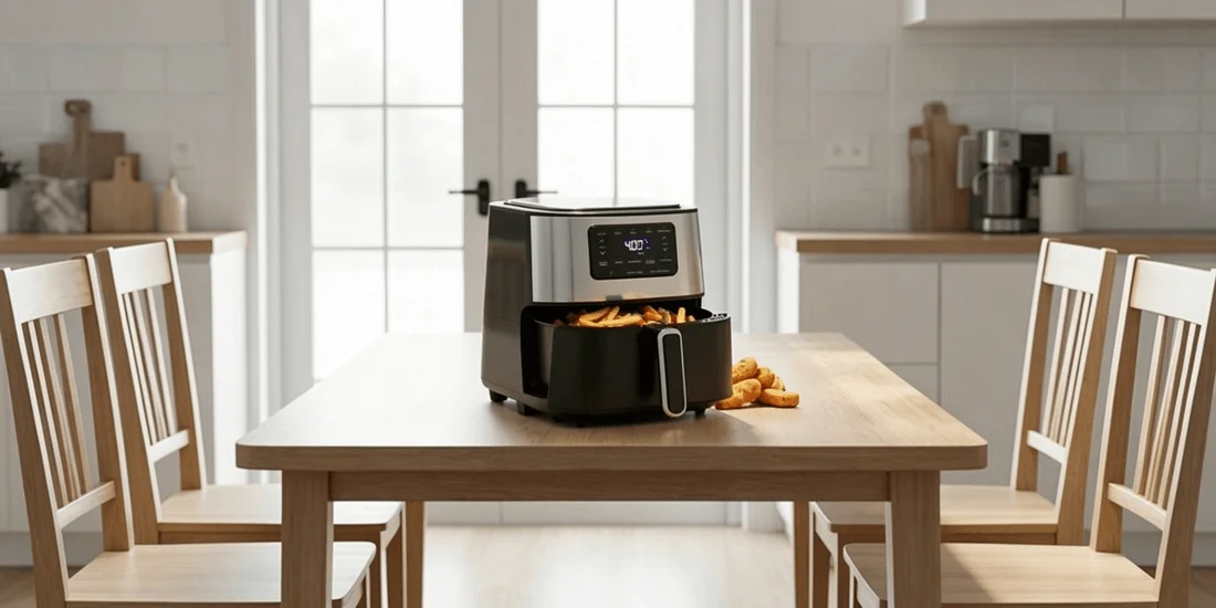 6-quart basket air fryer placed on a kitchen table with a simple kitchen background.