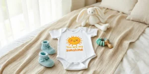 Baby sleep sack garment laid flat on white surface showing two-way zipper partially unzipped from bottom for easy diaper access, with fabric guard visible at top, empty no baby, studio lighting, minimalist e-commerce product banner.