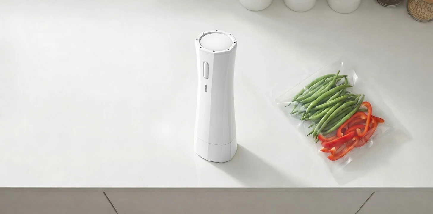 White compact handheld vacuum sealer device placed on a kitchen counter next to a clear reusable vacuum bag filled with fresh vegetables.