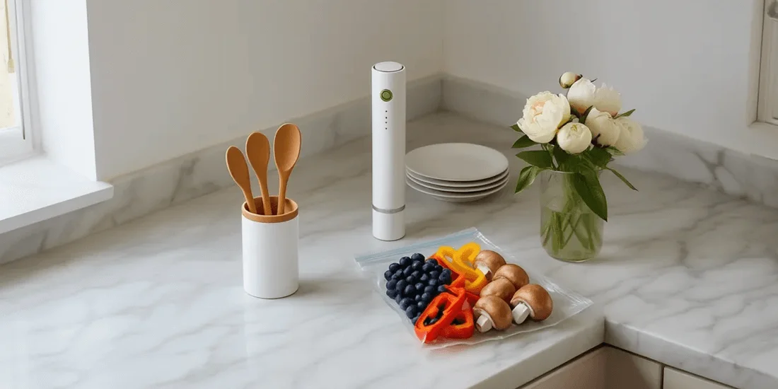 Cordless handheld vacuum sealer standing on kitchen counter next to reusable bag filled with fresh blueberries, bell peppers, and mushrooms