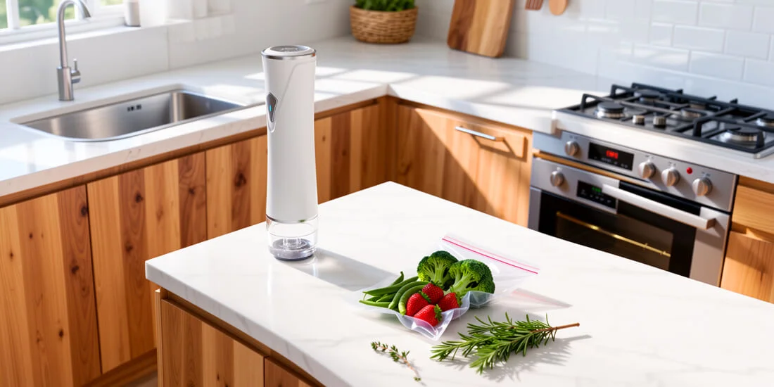 Cordless handheld vacuum sealer on wooden table at slight angle with clear reusable bag filled with fresh strawberries broccoli and green beans, warm natural kitchen lighting with herbs in background