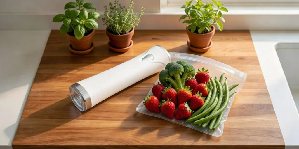 Cordless vacuum sealer on wooden kitchen counter with reusable bag of fresh strawberries, broccoli, and green beans, natural light, minimalist style.