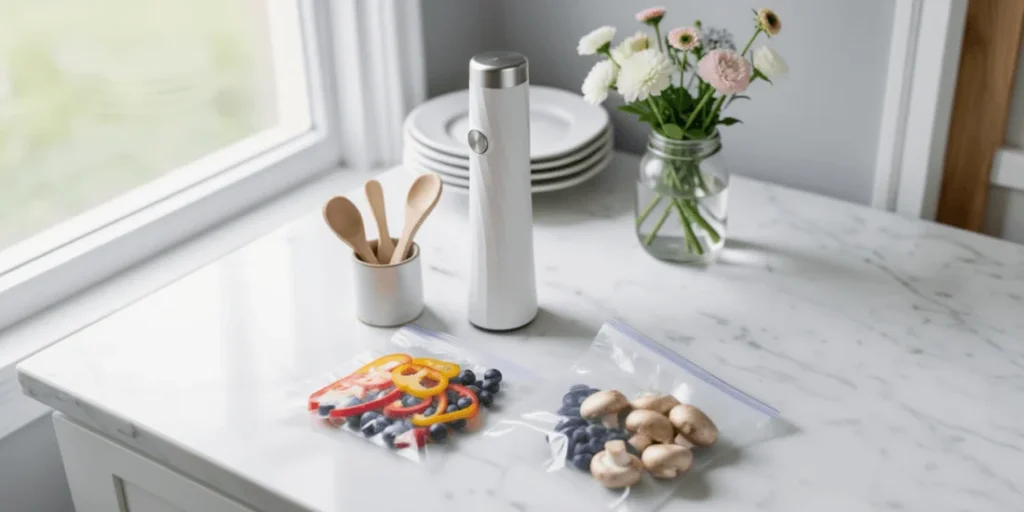 A modern cordless vacuum sealer standing upright on a marble countertop, leaning against a ceramic canister of wooden spoons, with a clear reusable bag filled with fresh blueberries, bell peppers, and mushrooms nearby.