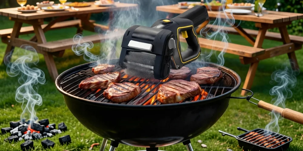 Electric grill brush removing tough grease from a BBQ grill.