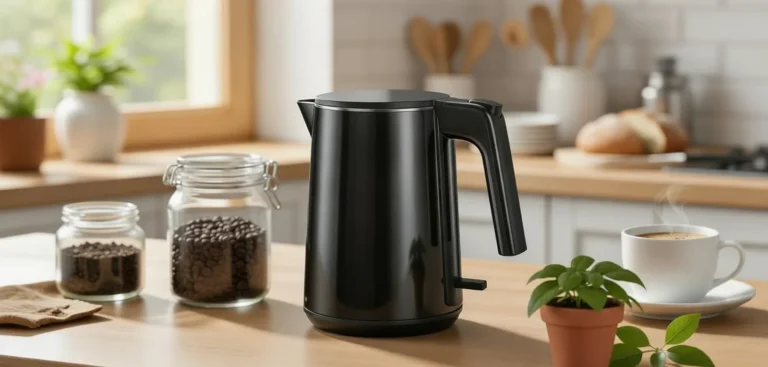 1.0 liter electric kettle with variable temperature settings and black cool-touch exterior