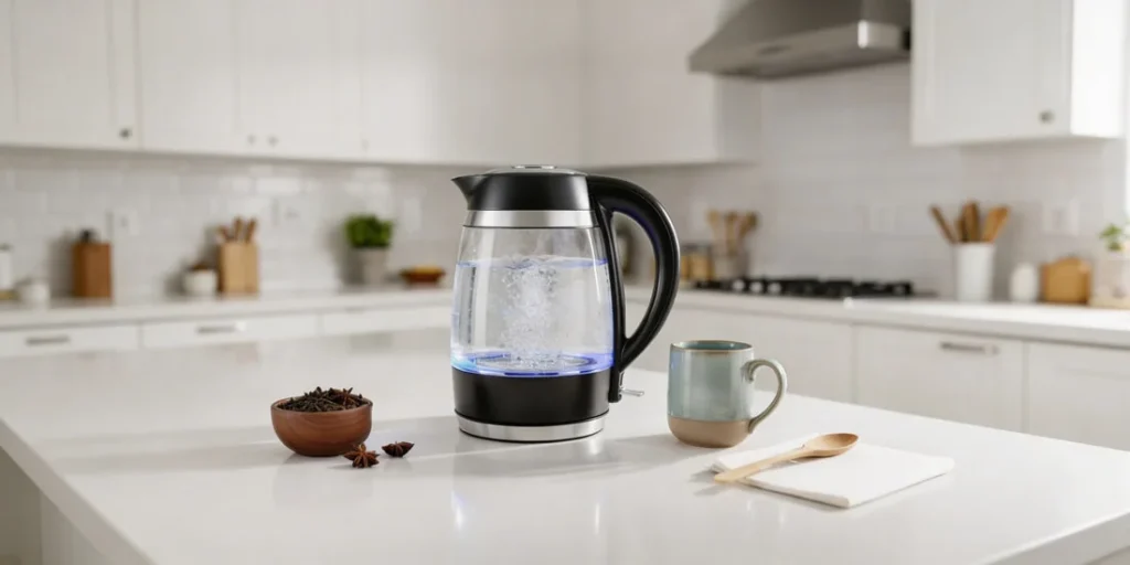 1.8 liter glass electric kettle with LED indicator and stainless steel filter on power base