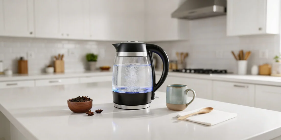 1.8 liter glass electric kettle with LED indicator and stainless steel filter on power base