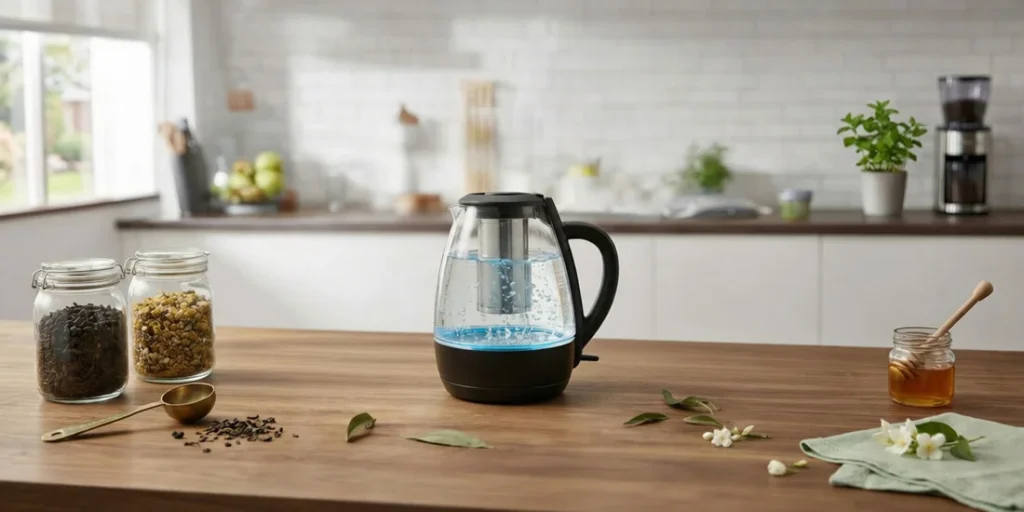 1 liter glass electric kettle with tea infuser and LED indicator on power base