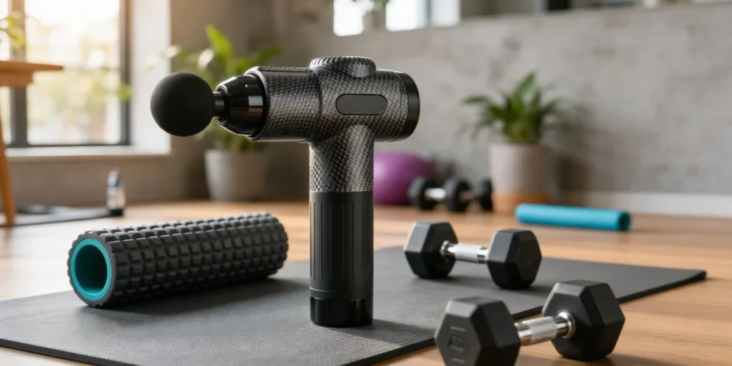 Black handheld percussion massager with digital touchscreen display held by user for deep muscle recovery.