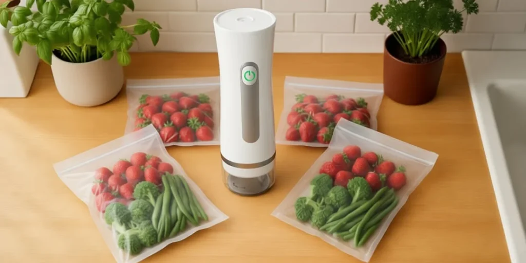 White handheld vacuum sealer on modern kitchen counter with sealed food bags near window overlooking garden