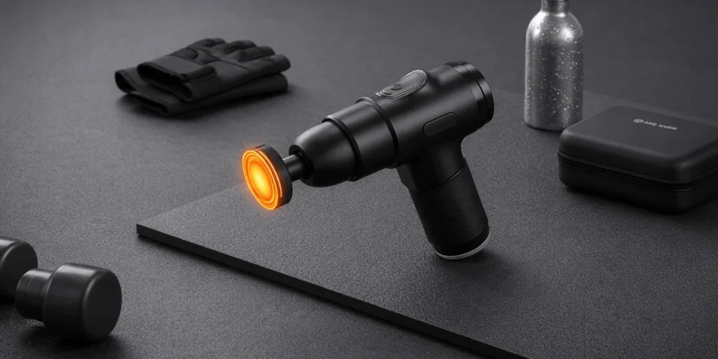 Handheld percussive therapy device with heated attachment and ergonomic grip