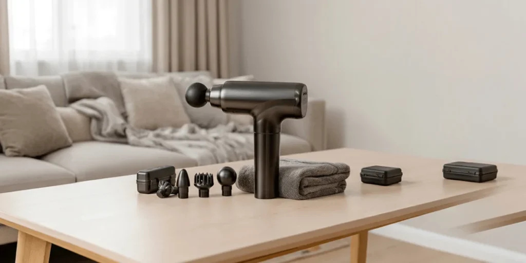 Handheld massage gun placed on a table with towel for muscle recovery