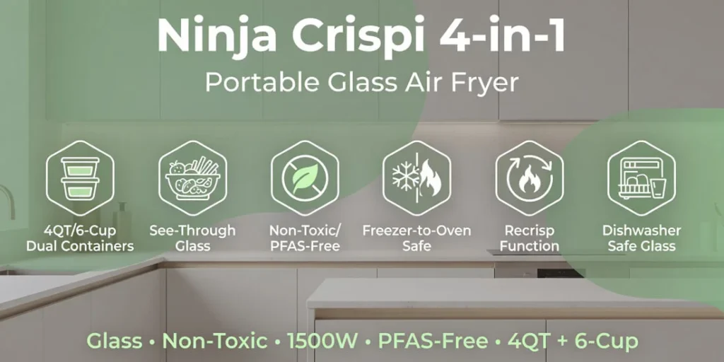 Ninja Crispi glass air fryer banner - non-toxic PFAS-free borosilicate glass with dual 4QT and 6-cup containers, see-through cooking, and Recrisp function