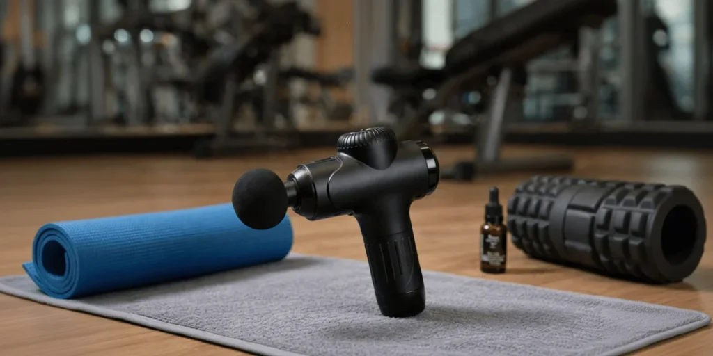 Handheld percussive therapy device in black finish with ergonomic non-slip handle