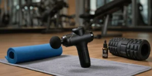 Handheld percussive therapy device in black finish with ergonomic non-slip handle