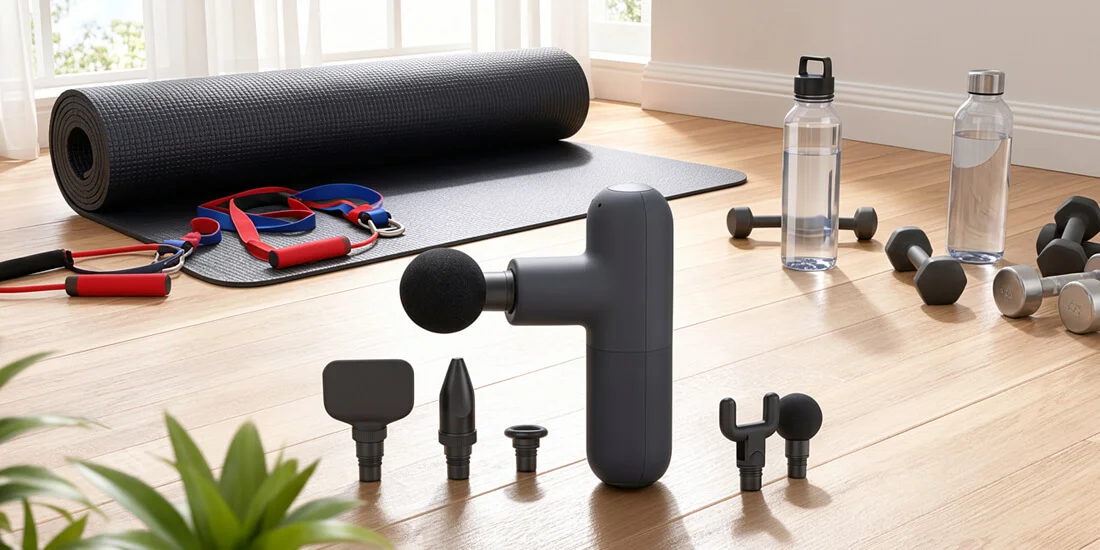 Portable mini massage gun in black - compact deep tissue percussion device with four interchangeable heads for muscle recovery and pain relief. Lightweight handheld massager for home, gym, or travel use.