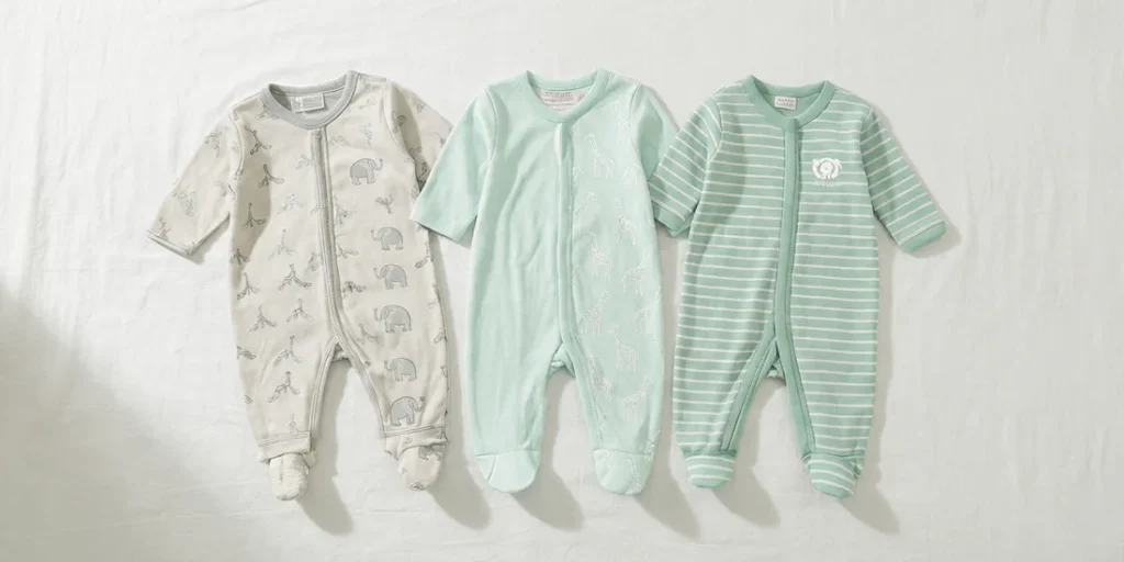 A wide banner-style flat lay of three Simple Joys by Carter's unisex baby sleep and play outfits arranged horizontally on a white background, featuring light grey elephant print, white giraffe print on mint green, and soft mint green stripes.