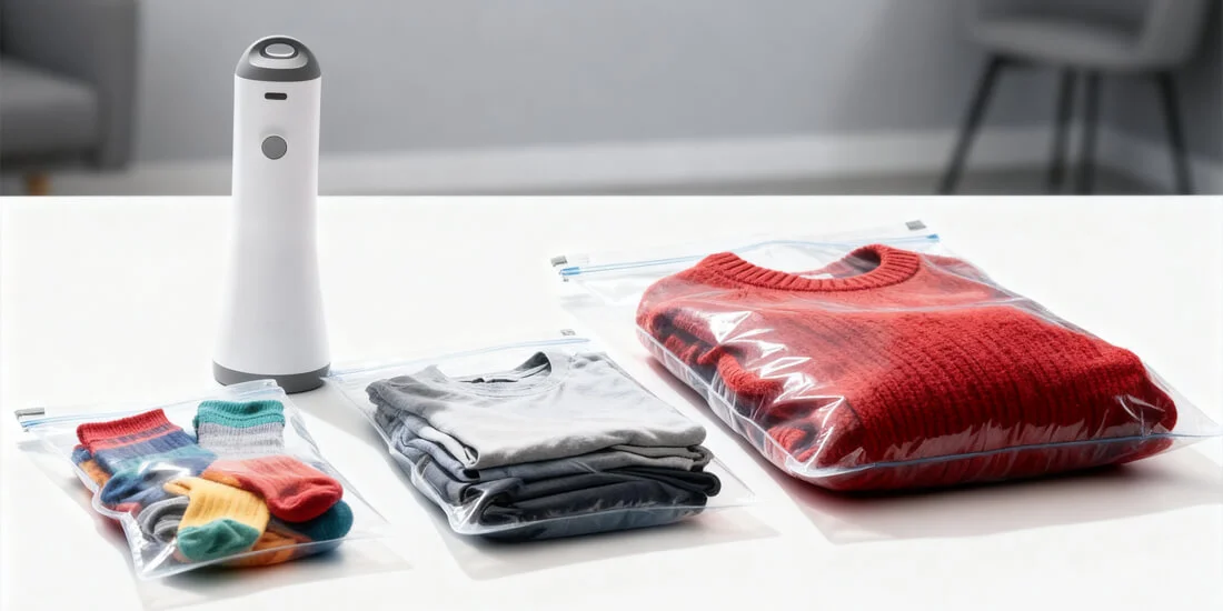 Rechargeable vacuum pump with transparent compression bags on white table showing sealed clothes inside