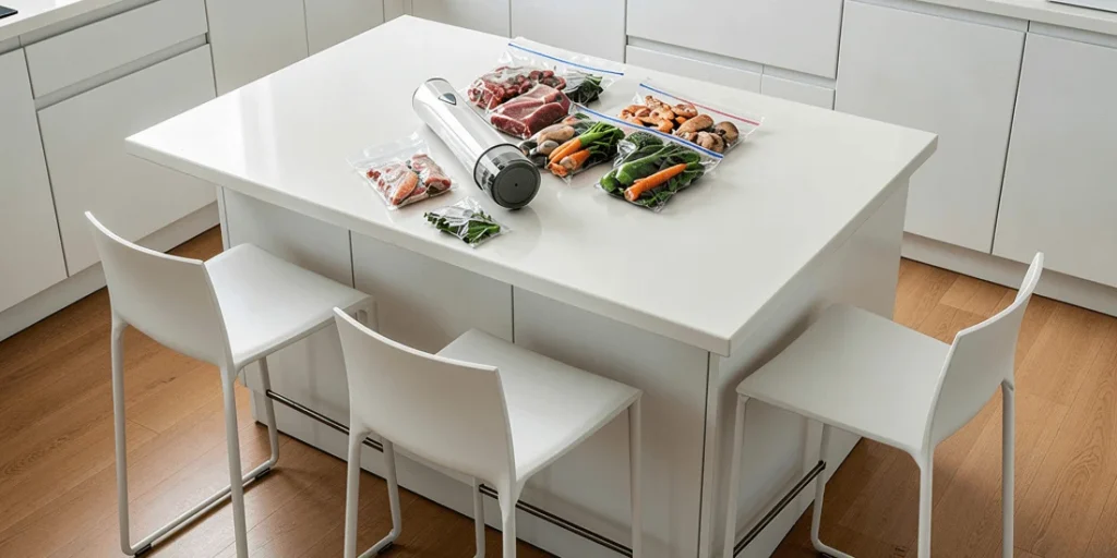 White vacuum sealer machine placed on white kitchen table surrounded by reusable sealed bags containing various fresh foods