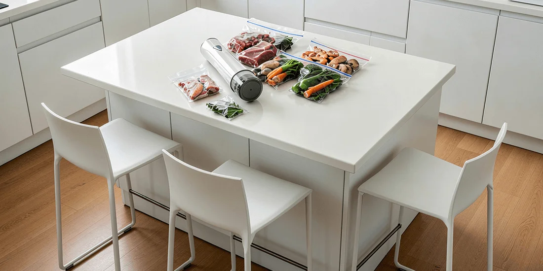 White vacuum sealer machine placed on white kitchen table surrounded by reusable sealed bags containing various fresh foods