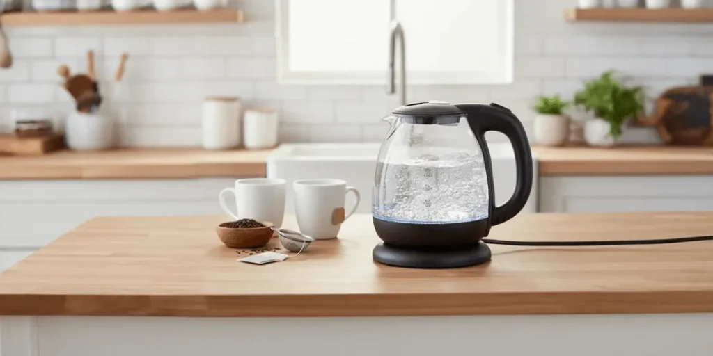 1-liter glass electric kettle with stainless steel, auto shut-off, boil-dry protection, and cordless 360° base