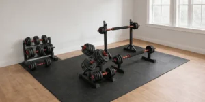 A 5-in-1 adjustable dumbbell set configured as a barbell, with red weight plates and a foam-padded connector bar, sitting on a home gym floor.