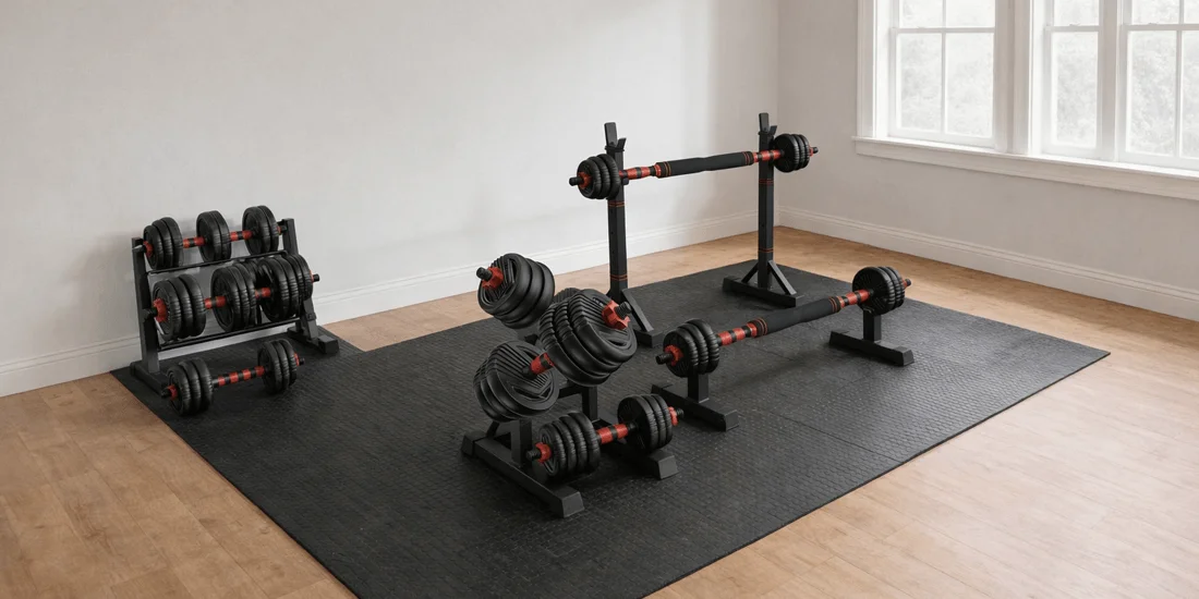 A 5-in-1 adjustable dumbbell set configured as a barbell, with red weight plates and a foam-padded connector bar, sitting on a home gym floor.