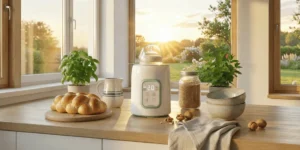 Compact 8-in-1 fast baby bottle warmer in green sitting on a nursery table next to a baby bottle and pacifier, ready for nighttime feeding.