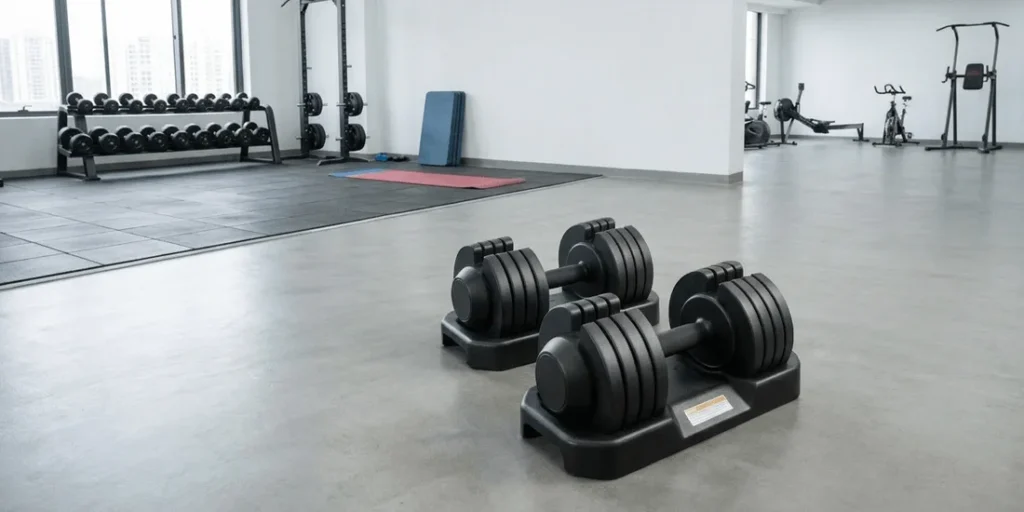 A pair of black rubber-coated adjustable dumbbells resting securely in their plastic storage stand, ready for a home workout.