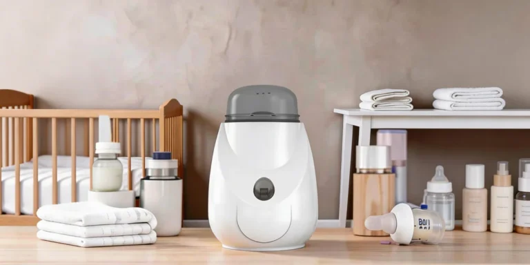 A compact white electric baby bottle warmer and steam sterilizer sitting on a kitchen counter, with a clear baby bottle placed inside the unit ready for warming.