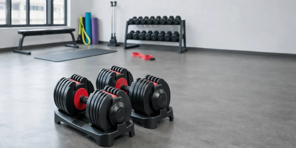 A pair of black adjustable dumbbells resting securely in their storage cradle, ready for a home workout with various weight plates visible on the ends.