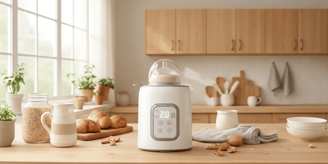 Close-up of bottle warmer control panel showing digital timer display and touch-sensitive buttons with printed time guide on side