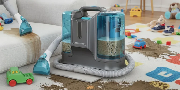 Compact portable spot cleaner in cozy apartment with scattered toys and visible carpet stains, ready for quick cleanup