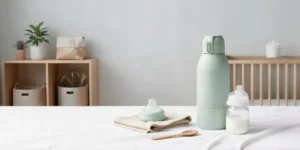 A cordless portable milk warmer in sage green sitting on a table next to a baby bottle, pacifier, and folded muslin cloth in a bright room.