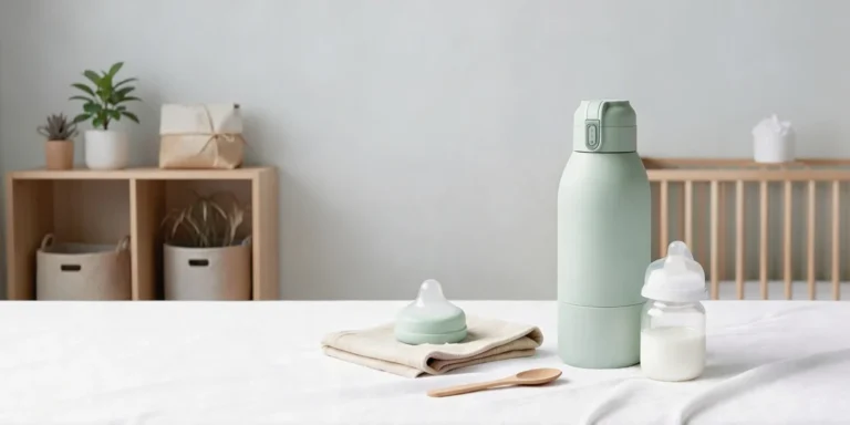 A cordless portable milk warmer in sage green sitting on a table next to a baby bottle, pacifier, and folded muslin cloth in a bright room.