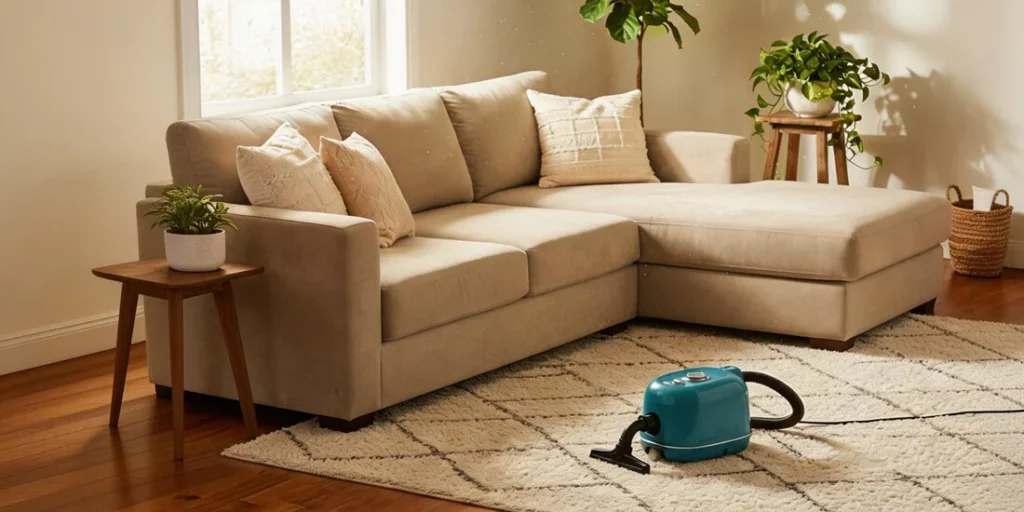 A cozy American living room with a comfortable beige sofa and soft area rug, where a portable carpet cleaning machine sits ready for use. Warm sunlight streams through a window with plants nearby, creating a clean and fresh home atmosphere.