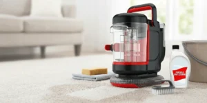 Person removing the dirty water tank from Dirt Devil portable carpet cleaner for emptying
