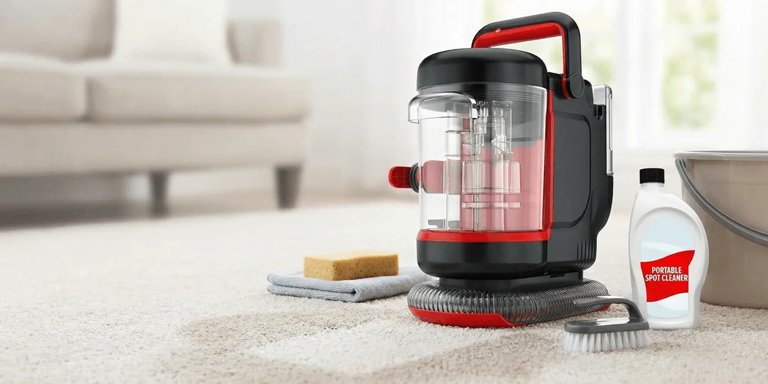 Person removing the dirty water tank from Dirt Devil portable carpet cleaner for emptying