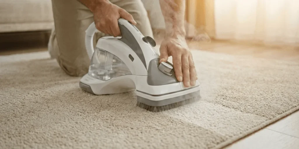 Man cleaning carpet with affordable portable spot cleaner, showing dramatic before and after difference in American living room