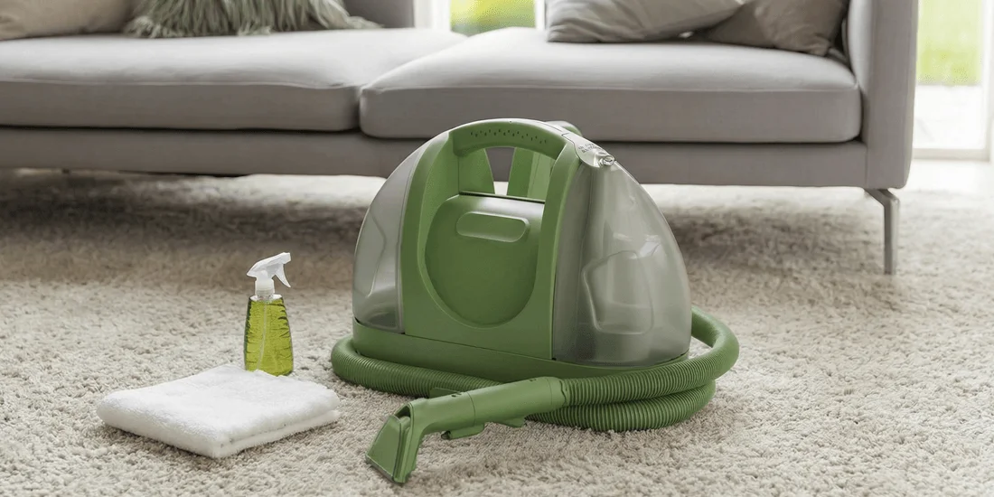 A compact green portable carpet cleaner sitting on a hardwood floor, ready for use.