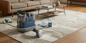 Blue portable carpet and upholstery spot cleaner sitting on a beige carpet in a living room, ready to clean pet stains and spills from couches and area rugs.