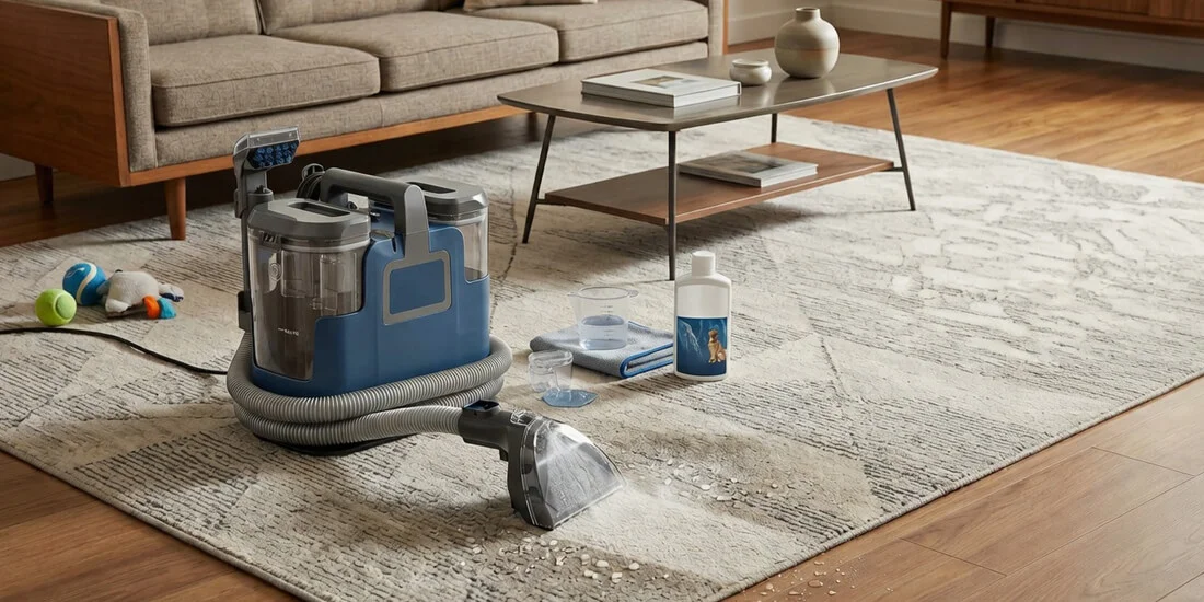 Blue portable carpet and upholstery spot cleaner sitting on a beige carpet in a living room, ready to clean pet stains and spills from couches and area rugs.