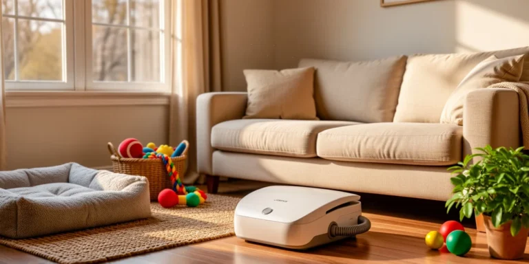 Cozy American living room with beige sofa, relaxed dog resting on couch, and portable carpet cleaner on floor ready for pet accidents