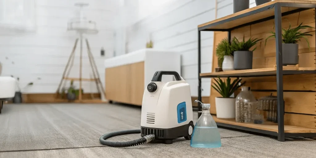 Premium spot cleaner with extra-large tank placed in spacious living room, ready for professional-grade carpet cleaning